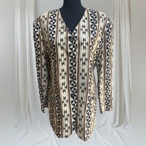100% SILK VTG. AVATI BLACK & TAN GEOMETRIC ABSTRACT PATTERN LUXURY BLAZER SZ 14